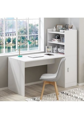 Aden Home Neva Dolaplı Çekmeceli Kitaplıklı MDF Çalışma Masası Beyaz