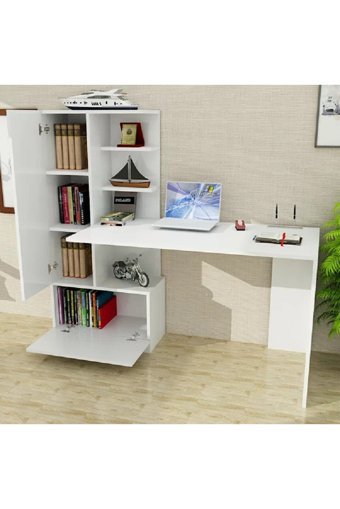 Aden Home Mira Dolaplı Çekmeceli Kitaplıklı MDF Çalışma Masası Beyaz