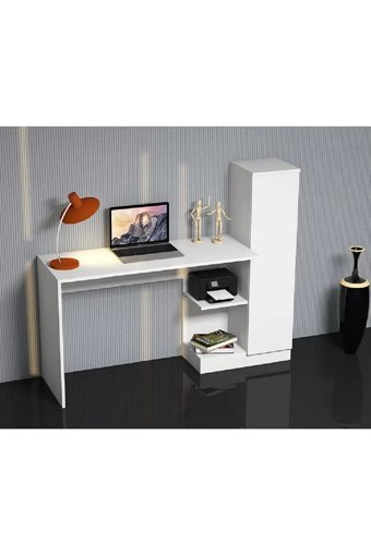 Aden Home Dolaplı Kitaplıklı MDF Çalışma Masası Beyaz
