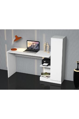 Aden Home Dolaplı Kitaplıklı MDF Çalışma Masası Beyaz