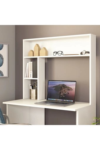 Aden Home Kitaplıklı 3 Raflı MDF Çalışma Masası Beyaz