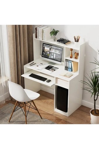Aden Home Kitaplıklı 4 Raflı MDF Çalışma Masası Beyaz
