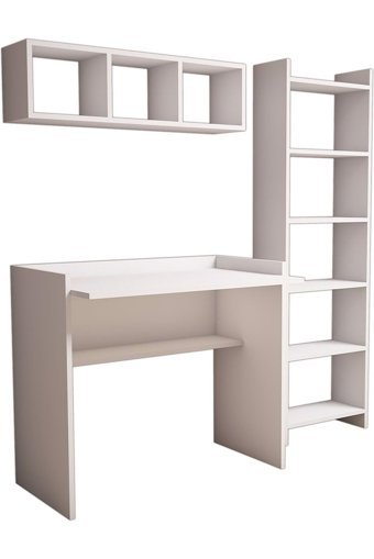 Aden Home Kitaplıklı 8 Raflı MDF Çalışma Masası Beyaz