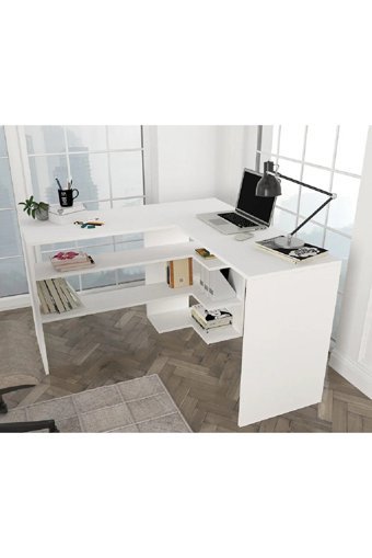 Aden Home Kitaplıklı MDF L Çalışma Masası Beyaz 120x120 cm