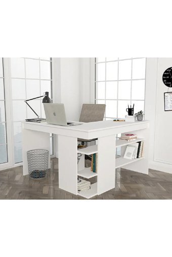 Aden Home Kitaplıklı MDF L Çalışma Masası Beyaz 120x120 cm