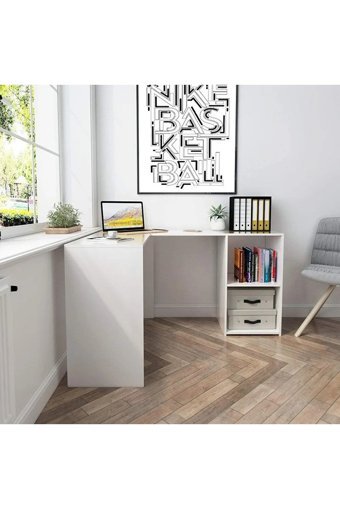 Aden Home Kitaplıklı MDF L Çalışma Masası Beyaz