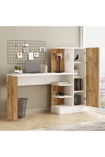 Robin Home Arthur Dolaplı Çekmeceli Kitaplıklı Çam Çalışma Masası Beyaz - Ceviz