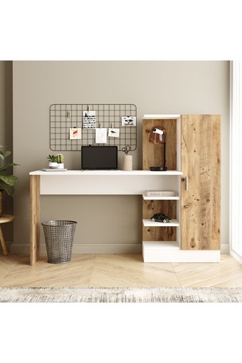 Robin Home Arthur Dolaplı Çekmeceli Kitaplıklı Çam Çalışma Masası Beyaz - Ceviz
