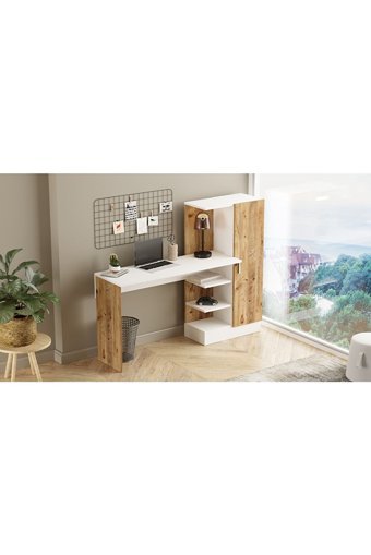 Robin Home Arthur Dolaplı Çekmeceli Kitaplıklı Çam Çalışma Masası Beyaz - Ceviz