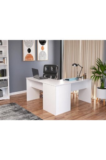 Aden Home Kitaplıklı MDF Çalışma Masası Beyaz 140x140 cm