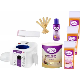 Depiroll Jüpiter 1+1 Ağda Makinesi + Vivet Konserve Ağda Naturel 800 ml + 3xVivet Azulen Kartuş Ağda 100 ml + Vivet Ağda Temzileme Yağı 125 ml + 10 Metre Ağda Bezi + 5xSpatula