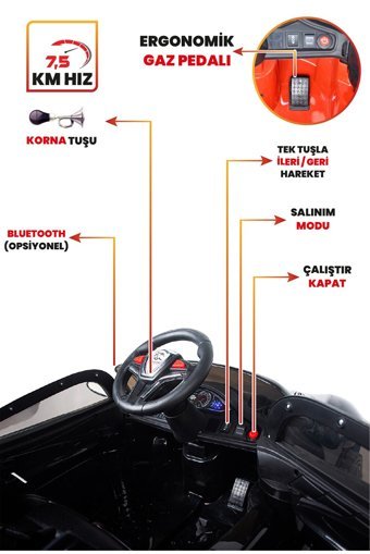 Uj Toys Jagor 12 V Üstü Açık Tek Kişilik Akülü Araba Kırmızı