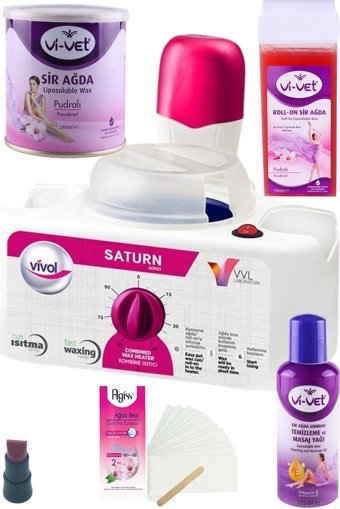 Vivol 1+1 Satürn 2+1 Kazanlı Ağda Makinesi + Vivet Azulen Sir Ağda + Ağda Bezi + Spatula + Ağda Yağı