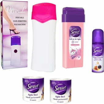 Sesu 1+1 Roll-On Ağda Makinesi + Pudralı Kartuş Ağda + 2xAğda Bezi + Temizleme Yağı