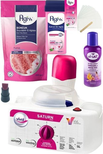 Vivol 1+1 Satürn 2+1 Ağda Makinesi + Vivet Azulen Kartuş Ağda + Agiss Granül Ağda + Agiss Ağda Temizleme Yağı + Agiss Ağda Bezi 2 Mt