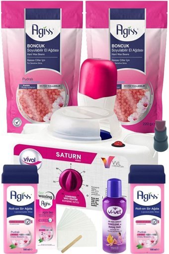 Vivol 1+1 Satürn 2+1 Ağda Makinesi + Agiss Azulen Kartuş Ağda + 2xAgiss Granül Ağda + Agiss Ağda Temizleme Yağı + Agiss Ağda Bezi 2 Mt