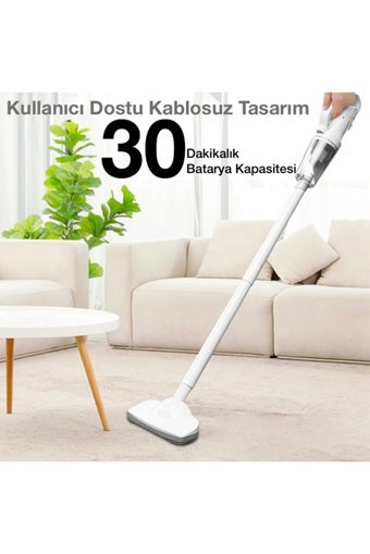Ezere Mini 2000 W Toz Torbasız Kuru Kablosuz Dikey Mini Şarjlı Süpürge Beyaz
