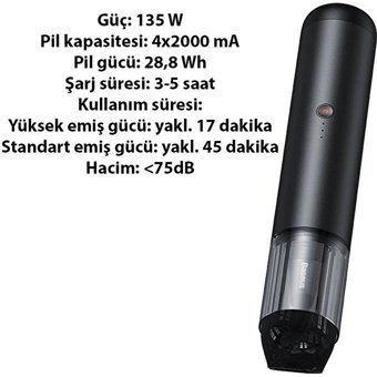 Baseus Super Çekim 135 W Toz Torbasız Hepa Filtreli Işıklı Islak Kuru Kablosuz El Tipi Mini Şarjlı Süpürge Siyah
