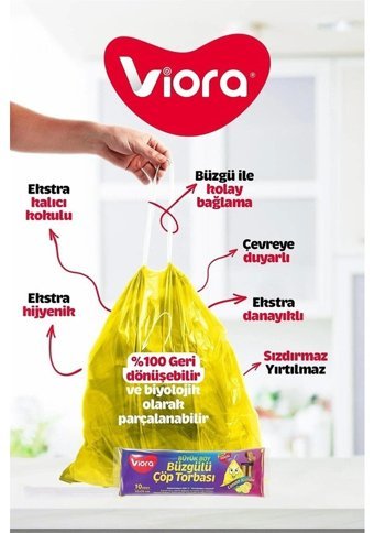 Viora Limon Kokulu Büzgülü Büyük Boy 65x70 cm Çöp Poşeti 3x10 Adet Sarı