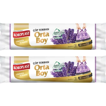 Koroplast Lavanta Kokulu Büzgülü Orta Boy 55x60 cm Çöp Poşeti 15x2 Adet Mor