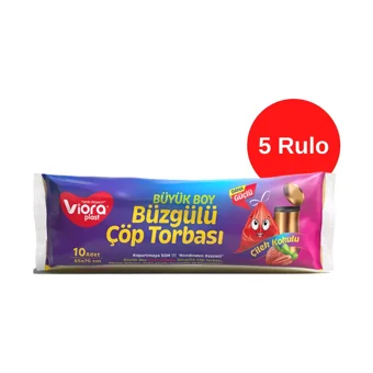 Vioraplast Çilek Kokulu Büzgülü Büyük Boy 65x70 cm Çöp Poşeti 5 Adet Kırmızı