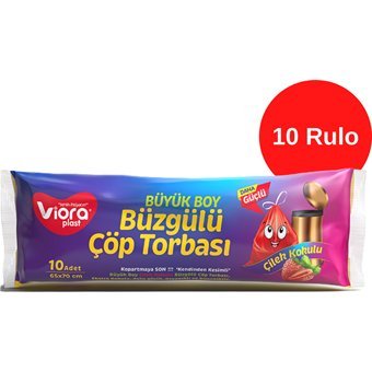 Vioraplast Çilek Kokulu Büzgülü Büyük Boy 65x70 cm Çöp Poşeti 10 Adet Kırmızı