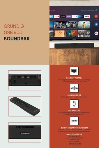 Grundig Gsb 900 Dahili 60 W Subwooferlı Kablosuz Bluetoothlu USB Dolby Atmos 2.0 Soundbar Siyah