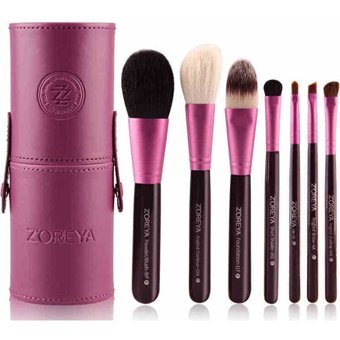 Zoreya 7'li Allık Eyeliner Far Makyaj Fırça Seti + Deri Kutu Mor