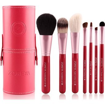 Zoreya 7'li Allık Eyeliner Far Makyaj Fırça Seti + Deri Kutu Kırmızı