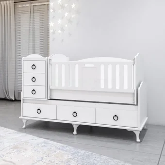 Garaj Home Elfin MDF Dikdörtgen Dolaplı Yataklı Çekmeceli Büyüyen Sallanan Anne Yanı Beşik Beyaz
