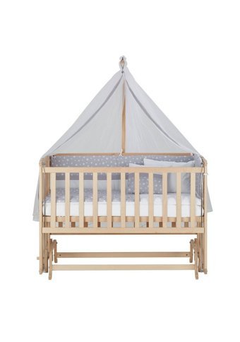 Babycom Naturel Ahşap Dikdörtgen Tekerlekli Yataklı Sallanan Anne Yanı Beşik Mavi 70x130 cm + Yıldızlı Uyku Seti