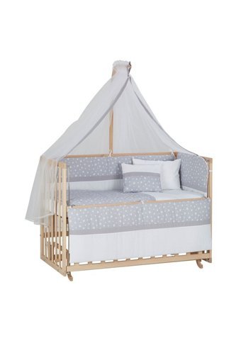 Babycom Naturel Ahşap Dikdörtgen Tekerlekli Yataklı Sallanan Anne Yanı Beşik Mavi 70x130 cm + Yıldızlı Uyku Seti