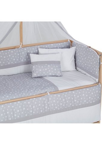 Babycom Naturel Ahşap Dikdörtgen Tekerlekli Yataklı Sallanan Anne Yanı Beşik Mavi 70x130 cm + Yıldızlı Uyku Seti