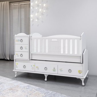Garaj Home Elfin Ayıcıklı MDF Dikdörtgen Dolaplı Yataklı Çekmeceli Büyüyen Sallanan Anne Yanı Beşik Beyaz