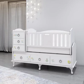 Garaj Home Elfin Ayıcıklı MDF Dikdörtgen Dolaplı Yataklı Çekmeceli Büyüyen Sallanan Anne Yanı Beşik Beyaz