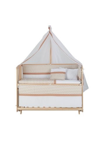 Babycom Naturel Ahşap Dikdörtgen Tekerlekli Yataklı Sallanan Anne Yanı Beşik Krem 60x120 cm + Zikzaklı Uyku Seti
