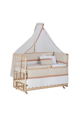 Babycom Naturel Ahşap Dikdörtgen Tekerlekli Yataklı Sallanan Anne Yanı Beşik Krem 60x120 cm + Zikzaklı Uyku Seti