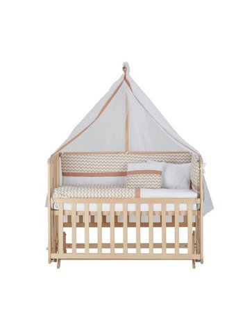 Babycom Naturel Ahşap Dikdörtgen Tekerlekli Yataklı Sallanan Anne Yanı Beşik Krem 60x120 cm + Zikzaklı Uyku Seti