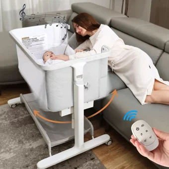 Bagi Auto Side Sleep 9 kg Kapasiteli Dikdörtgen Tekerlekli Yataklı Otomatik Sallanan Anne Yanı Beşik Beyaz-Gri