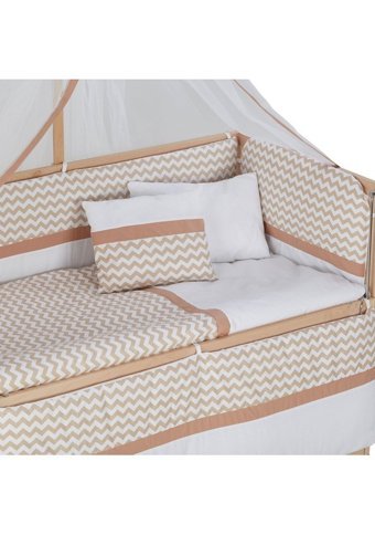 Babycom Naturel Ahşap Dikdörtgen Tekerlekli Yataklı Sallanan Anne Yanı Beşik Krem 70x130 cm + Zikzaklı Uyku Seti