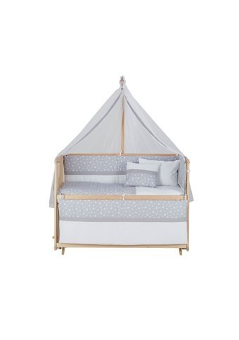 Babycom Naturel Ahşap Dikdörtgen Tekerlekli Yataklı Sallanan Anne Yanı Beşik Mavi 60x120 cm + Yıldızlı Uyku Seti