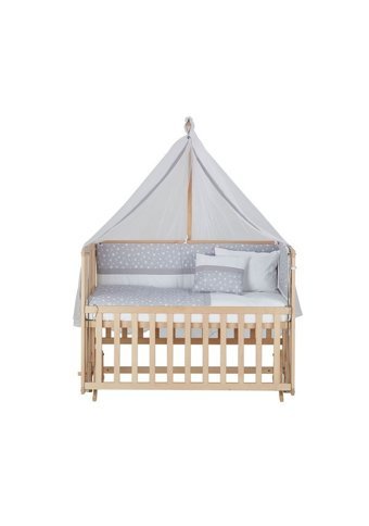 Babycom Naturel Ahşap Dikdörtgen Tekerlekli Yataklı Sallanan Anne Yanı Beşik Mavi 60x120 cm + Yıldızlı Uyku Seti