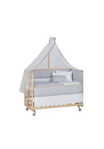 Babycom Naturel Ahşap Dikdörtgen Tekerlekli Yataklı Sallanan Anne Yanı Beşik Mavi 60x120 cm + Yıldızlı Uyku Seti