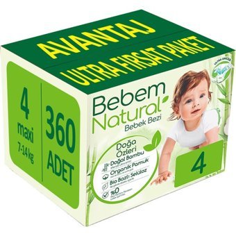 Bebem Natural Doğa Özleri 4 Numara Organik Göbek Oyuntulu Cırtlı Bebek Bezi 360 Adet