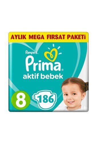 Prima Aktif Bebek 8 Numara Cırtlı Bebek Bezi 186 Adet