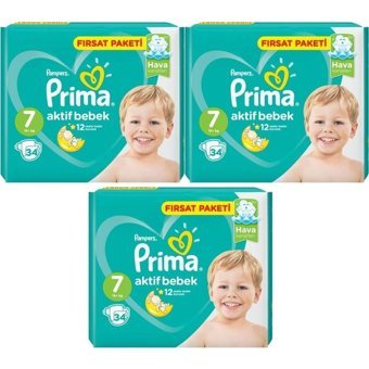 Prima Aktif Bebek 7 Numara Cırtlı Bebek Bezi 3x34 Adet
