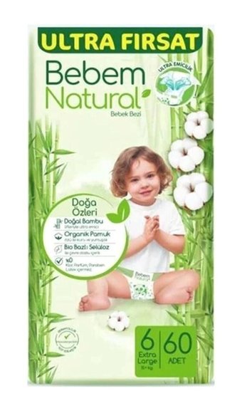 Bebem Natural Doğa Özleri 6 Numara Organik Cırtlı Bebek Bezi 60 Adet