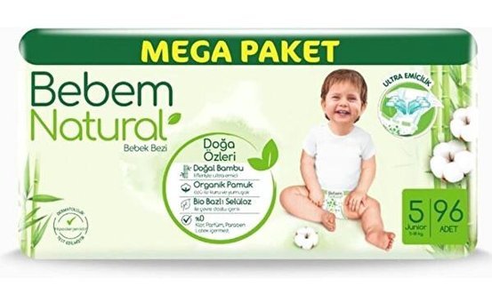 Bebem Natural Doğa Özleri 5 Numara Organik Cırtlı Bebek Bezi 96 Adet