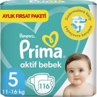 Prima Aktif Bebek 5 Numara Göbek Oyuntulu Cırtlı Bebek Bezi 116 Adet