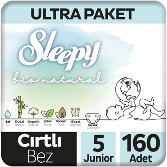 Sleepy Bio Natural 5 Numara Organik Cırtlı Bebek Bezi 160 Adet